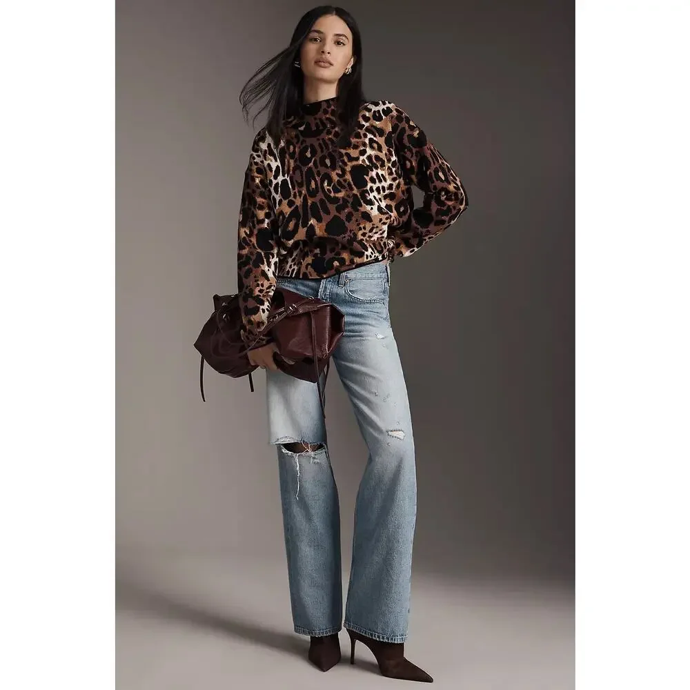 nwt ANTHROPOLOGIE MAEVE sz X M Carys Mock-Neck sweater in Cheetah Combo